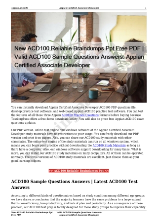 New ACD100 Reliable Braindumps Ppt Free PDF | Valid ACD100 Sample Questions Answers: Appian Certified Associate Develope