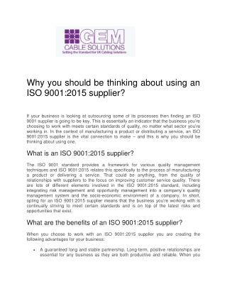 Why you should be thinking about using an ISO 9001 2015 supplier - Gem Cable Solutions