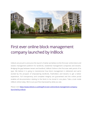 First ever Online Block Management Company launched by InBlock - Inblock Management