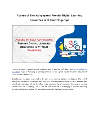 Access of Swa Adhyayan's Premier Digital Learning Resources is at Your Fingertips
