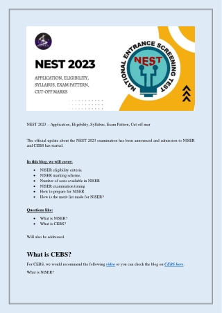 NEST 2023 – Application, Eligibility, Syllabus, Exam Pattern, Cut-off marks