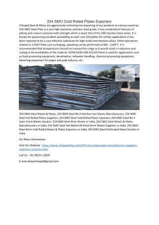 254 SMO Cold Rolled Plates Exporters