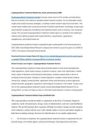 Cryptosporidiosis Treatment Market Size, Share and Forecast to 2028
