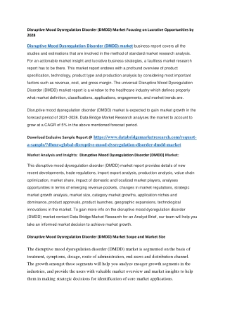 Disruptive Mood Dysregulation Disorder (DMDD) Market Focusing on Lucrative Opportunities by 2028
