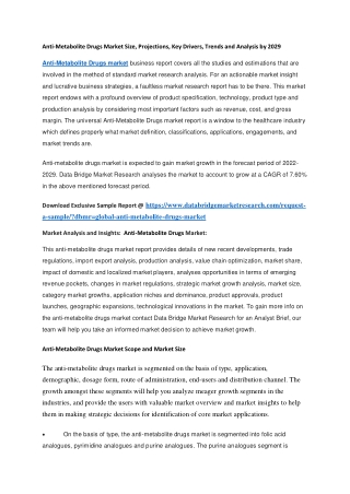 Anti-Metabolite Drugs Market Size, Projections, Key Drivers, Trends and Analysis by 2029
