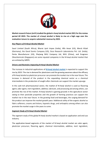 N-Hexyl Alcohol Market 2023 Opportunities, Industry Revenue and Business Size by