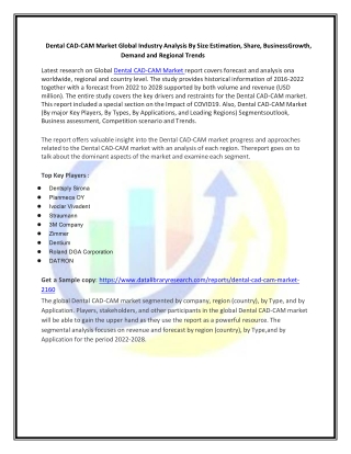 Global Dental CAD-CAM Market Opportunities and Forecast 2023-2030