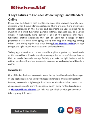 3 Key Features To Consider When Buying Hand Blenders Online