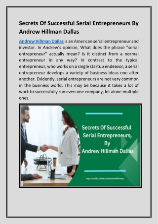 Secrets Of Successful Serial Entrepreneurs By Andrew Hillman Dallas