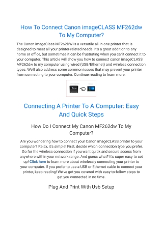 How To Connect Canon imageCLASS MF262dw To My Computer