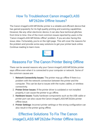 How To Troubleshoot Canon imageCLASS MF262dw Offline Issues