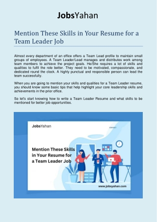 Mention These Skills in Your Resume for a Team Leader Job