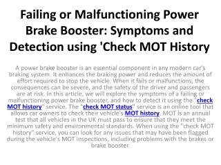 Failing or Malfunctioning Power Brake Booster: Symptoms and Detection using 'Che