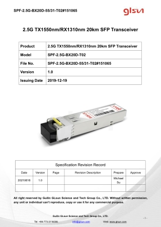 2.5G TX1550nm/RX1310nm 20km SFP Transceiver