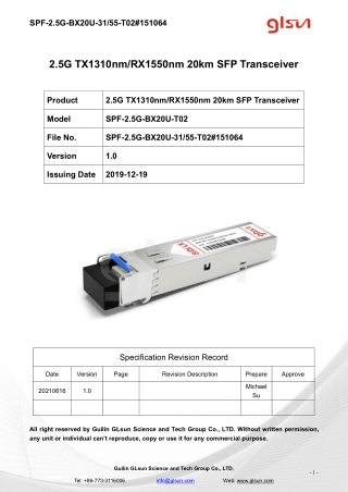 2.5G TX1310nm/RX1550nm 20km SFP Transceiver