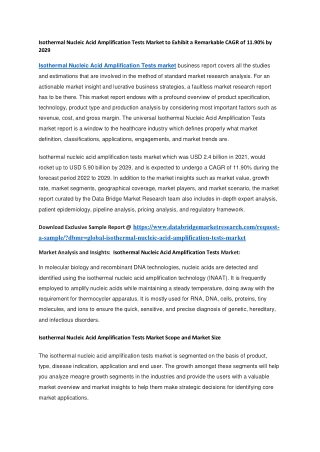 Isothermal Nucleic Acid Amplification Tests Market to Exhibit a Remarkable CAGR of 11.90 by 2029