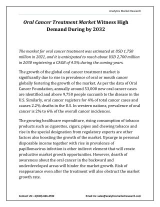 Oral Cancer Treatment Market By Type, By Treatment, By End-User and By Region