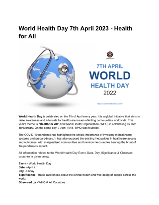 World Health Day 7th April - Health for All