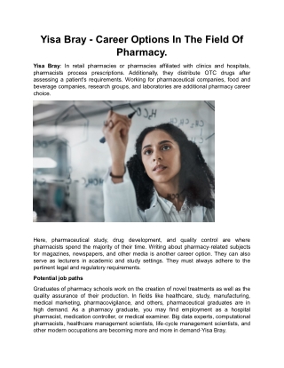 Yisa Bray - Career Options In The Field Of Pharmacy.