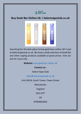 Buy Geek Bar Online Uk  Selectvapeclub.co.uk