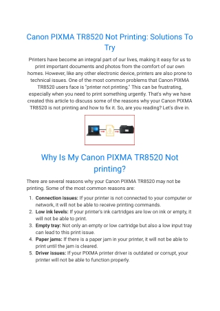Canon PIXMA TR8520 Not Printing: Solutions To Try