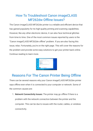 How To Troubleshoot Canon imageCLASS MF262dw Offline Issues?