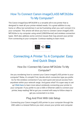 How To Connect Canon imageCLASS MF262dw To My Computer?