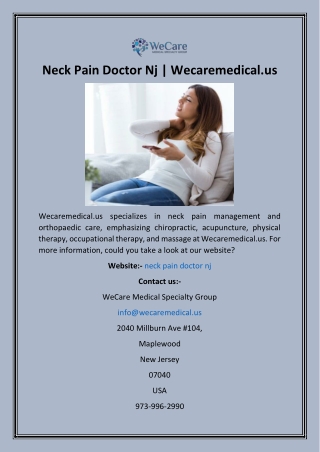 Neck Pain Doctor Nj  Wecaremedical.us