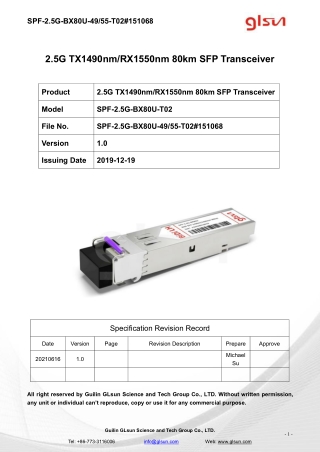 2.5G TX1490nm/RX1550nm 80km SFP Transceiver