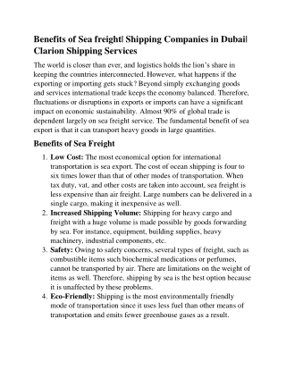 Benefits of Sea Freight|Clarion Shipping Service