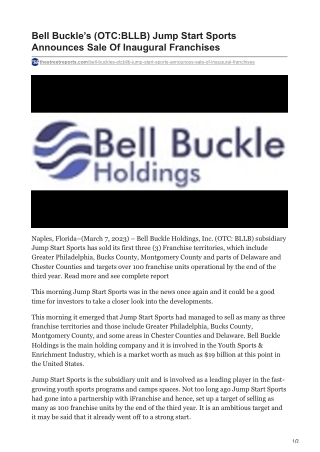 Bell Buckle’s (OTC-BLLB) Jump Start Sports Announces Sale Of Inaugural Franchises