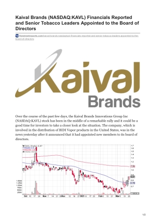 Kaival Brands (NASDAQ-KAVL) Financials Reported and Senior Tobacco Leaders Appointed to the Board of Directors