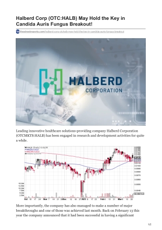 Halberd Corp (OTC-HALB) May Hold the Key in Candida Auris Fungus Breakout!