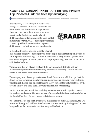 Raadr’s (OTC-RDAR) “FREE” Anti Bullying I-Phone App Protects Children from Cyberbullying