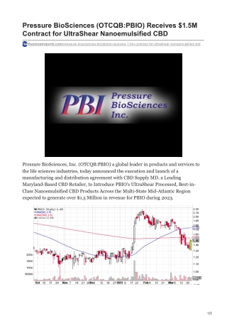 Pressure BioSciences (OTCQB-PBIO) Receives $1.5M Contract for UltraShear Nanoemulsified CBD