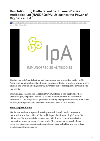 Revolutionizing Biotherapeutics- ImmunoPrecise Antibodies Ltd (NASDAQ-IPA) Unleashes the Power of Big Data and AI