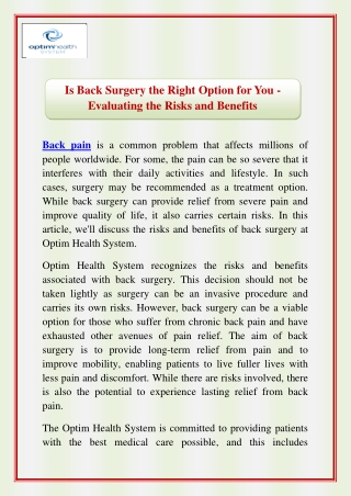 Is Back Surgery the Right Option for You - Evaluating the Risks and Benefits