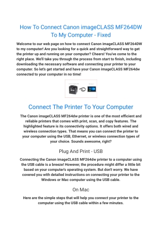 How To Connect Canon imageCLASS MF264DW To My Computer - Fixed