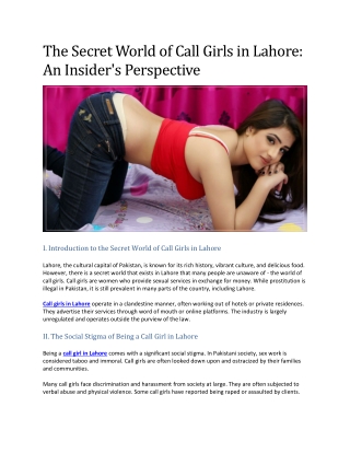 The Secret World of Call Girls in Lahore: An Insider's Perspective