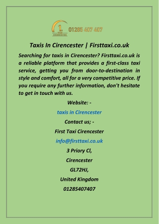Taxis In Cirencester  Firsttaxi.co.uk