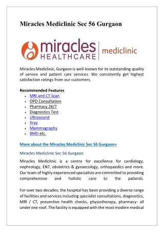 Miracles Mediclinic Multi Specialty Hospital in Gurgaon - Miracles Healthcare