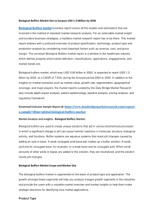 Biological Buffers Market Size to Surpass USD 1.3 Million by 2030