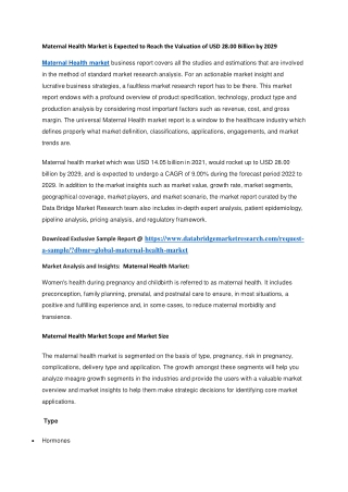 Maternal Health Market is Expected to Reach the Valuation of USD 28.00 Billion by 2029