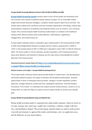 Europe Health Screening Market to Garner US 141,824.23 Million by 2028