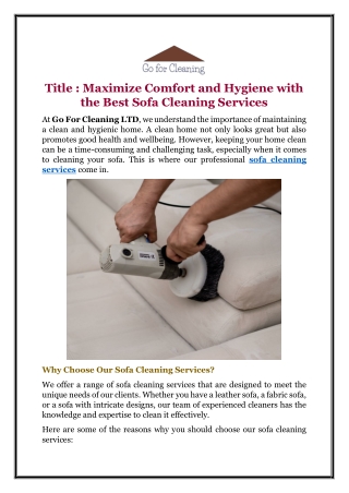 Maximize Comfort and Hygiene with the Best Sofa Cleaning Services