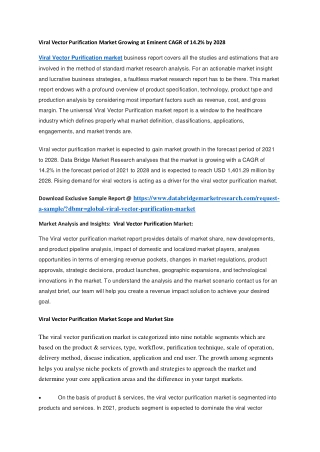 Viral Vector Purification Market Growing at Eminent CAGR of 14.2 by 2028