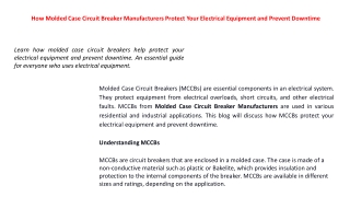 How Molded Case Circuit Breaker Manufacturers Protect Your Electrical Equipment and Prevent Downtime