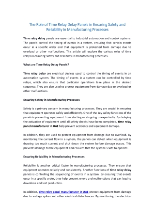 The Role of Time Relay Delay Panels in Ensuring Safety and Reliability in Manufacturing Processes