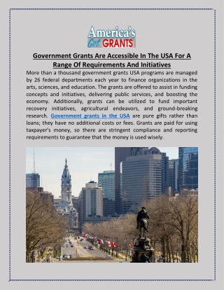 Government Grants Are Accessible In The USA For A Range Of Requirements And Initiatives