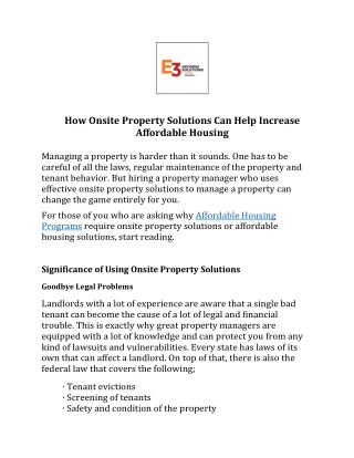 E3 Housing: How Onsite Property Solutions Can Help Increase Affordable Housing